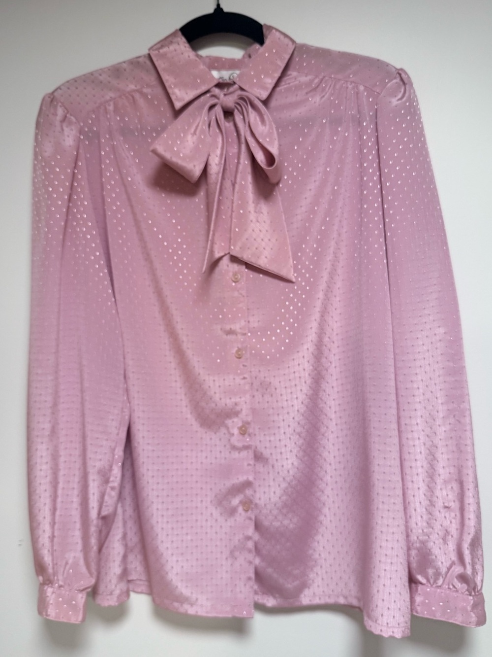 Vintage 1970s/80s Mauve Bow Secretary Blouse Silky Pin-Dot *size note* Romantic - Picture 7 of 15